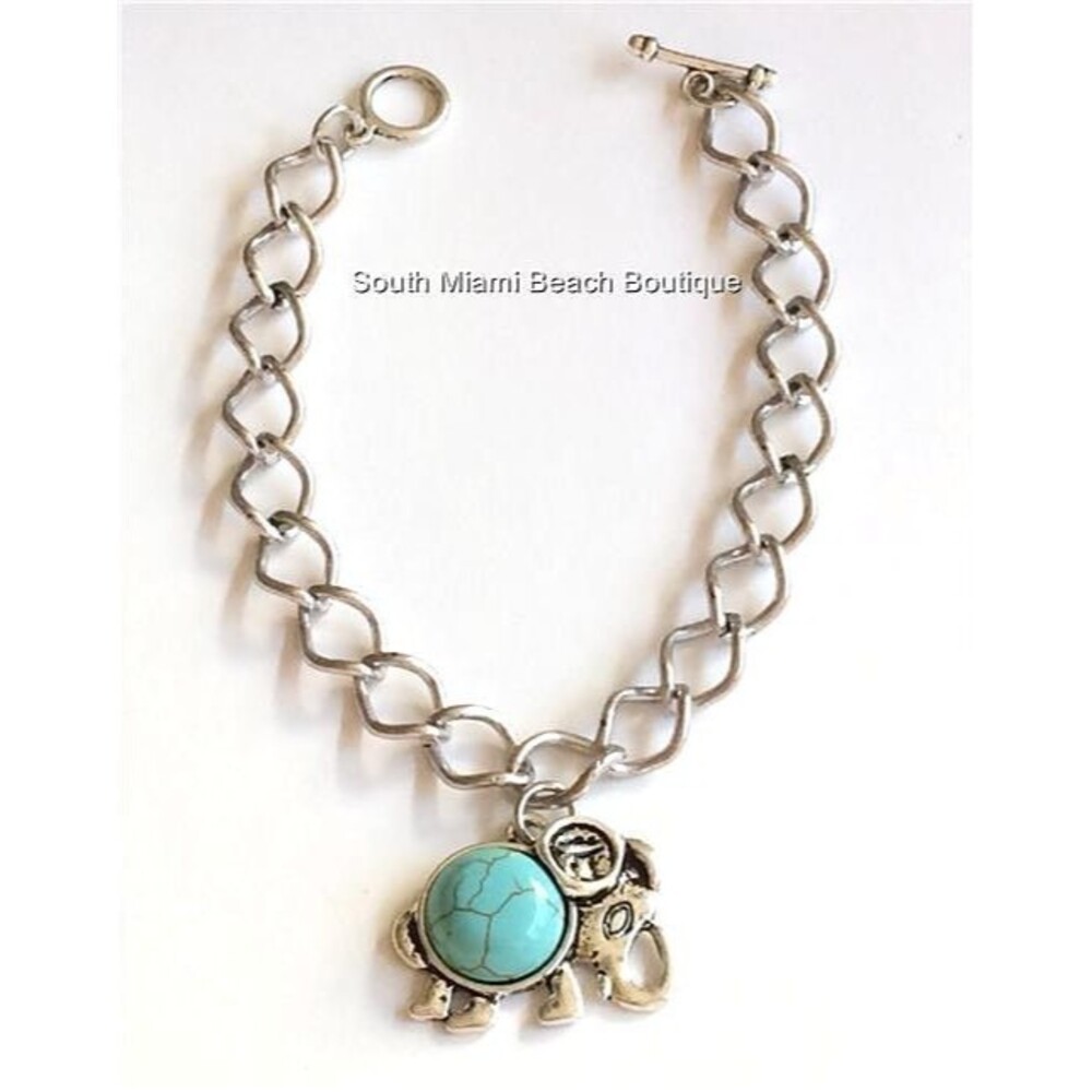 Silver Turquoise Stone Elephant Charm Bracelet 7.5" Plated Good Luck Lucky